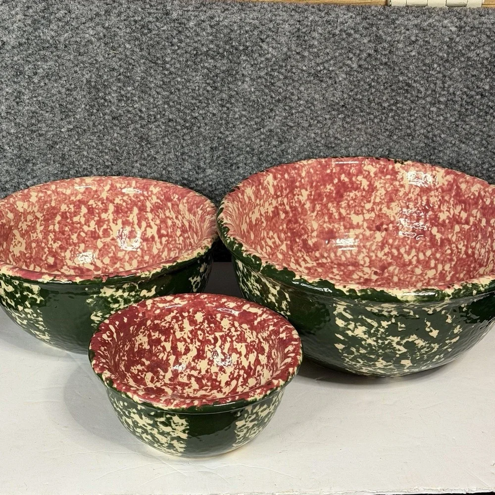 Set Of 3 Watermelon Sponge Ware Nesting Bowls Pottery